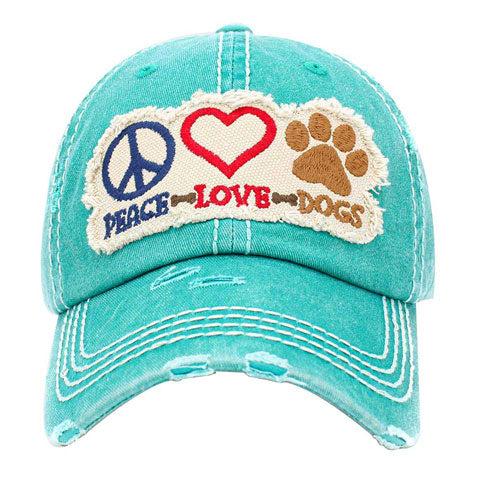 Turquoise PEACE LOVE DOGS Message Camouflage Patterned Vintage Baseball Cap. Fun cool animal themed vintage cap. This peace love dog embroidered baseball hat is made for you. It's fully adjustable and easy to style! perfect to keep your hair away from you face while exercising, running, playing tennis or just taking a walk outside. Adjustable Velcro strap gives you the perfect fit.