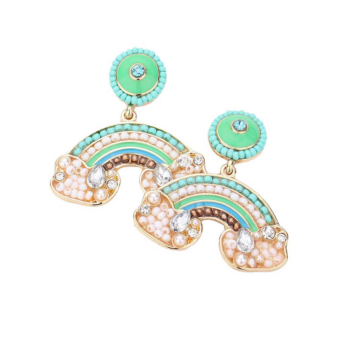 Turquoise Pearl Seed Bead Embellished Rainbow Dangle Earrings. These gorgeous pearl pieces will show your class in any special occasion. The elegance of these pearl goes unmatched, great for wearing at a party! Perfect jewelry to enhance your look. Awesome gift for birthday, Anniversary, Valentine’s Day or any special occasion.