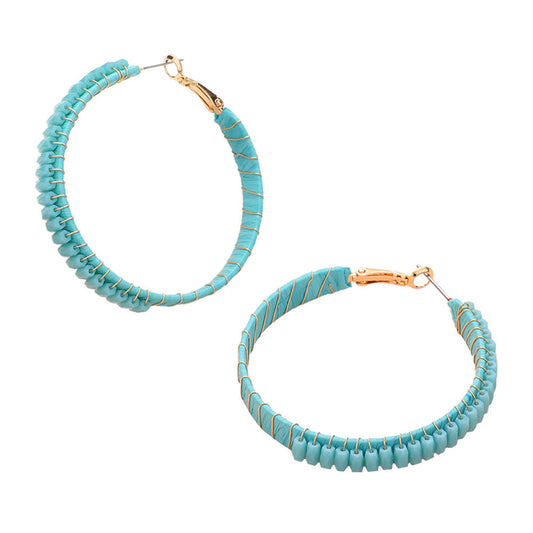 Turquoise Rectangle Bead Trimmed Raffia Wrapped Hoop Earrings, enhance your attire with these beautiful raffia-wrapped hoop earrings to show off your fun trendsetting style. It can be worn with any daily wear such as shirts, dresses, T-shirts, etc. These hoop earrings will garner compliments all day long. Whether day or night, on vacation, or on a date, whether you're wearing a dress or a coat, these earrings will make you look more glamorous and beautiful.