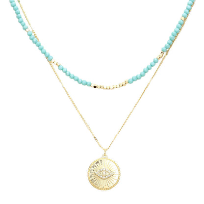 Turquoise Rhinestone Embellished Evil Eye Metal Round Pendant Double Layered Necklace. Beautifully crafted design adds a gorgeous glow to any outfit. Jewelry that fits your lifestyle! Perfect Birthday Gift, Anniversary Gift, Mother's Day Gift, Anniversary Gift, Graduation Gift, Prom Jewelry, Just Because Gift, Thank you Gift.