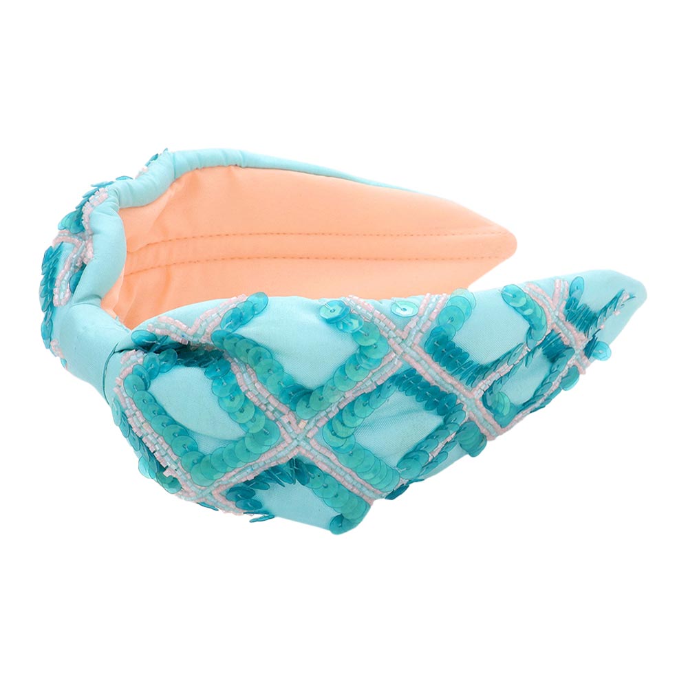 Turquoise Sequin Beaded Check Patterned Knot Burnout Headband, the combination of sequins and pearls sewn on an oversized headband will make you feel extra glamorous. Add a super neat and trendy knot to any boring style. Perfect for everyday wear, outdoor festivals, and more. Awesome gift idea for your loved one or yourself.