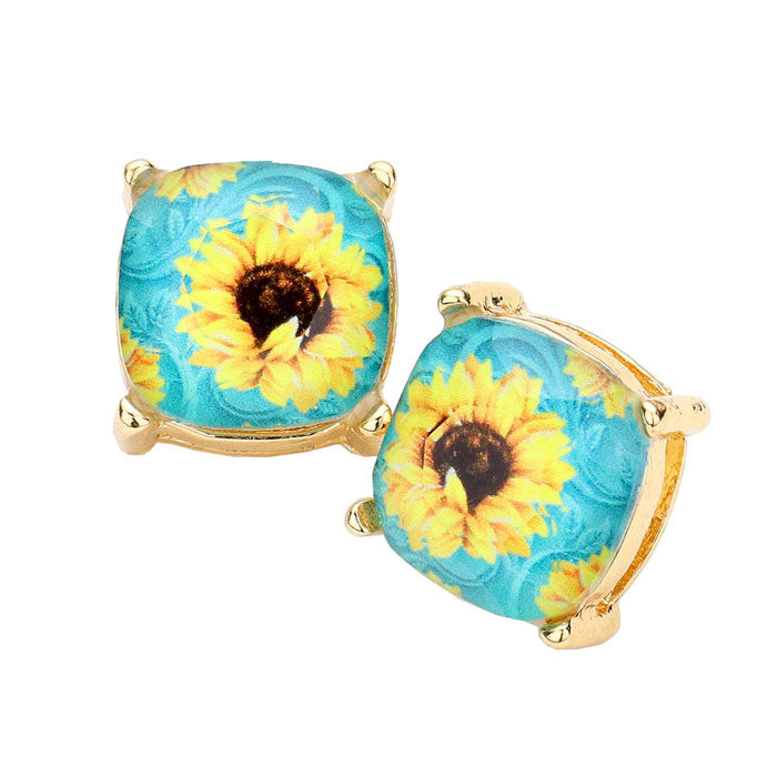 Turquoise Serape Sunflower Printed Square Stud Earrings, classic Sunflower printed earrings, the neutral colors will pair well with all your wardrobe. Fun & trendy, these stud earrings will accent your look. Lightweight and comfortable for wearing all day long. Perfect Birthday Gift, Valentine's Day Gift, Anniversary Gift, Mother's Day Gift, Thank you Gift. 