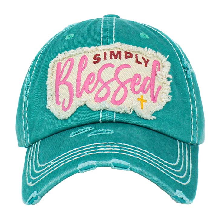 Turquoise Simply Blessed Vintage Baseball Cap, A beautiful & cool religious-themed vintage cap that will not only save a bad hair day but also amps up your beauty to a greater extent. This Simply Blessed message embroidered baseball hat is made for you. It's fully adjustable and easy to wear in the perfect style! Perfect to keep your hair away from your face while exercising, running, playing tennis, or just taking a walk outside.
