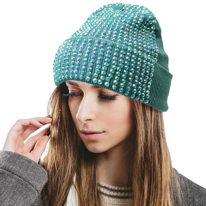 Turquoise Single Sided Studded Knit Beanie Hat, The beanie hat is made of soft, gentle, skin-friendly, and elastic fabric, which is very comfortable to wear. This Single Sided design is embellished with a shimmering Studded for the ultimate glam look! It provides warmth to your head and ears, protects you from the wind, chill & cold weather, and becomes your ideal companion in autumn and winter. Suitable for wearing for a variety of outdoor activities.