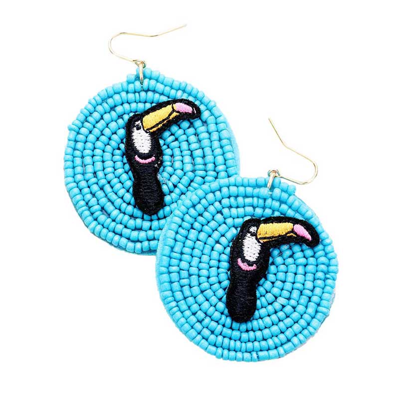 Turquoise Toucan Detail Seed Beaded Round Dangle Earrings, Seed Beaded Dangle Earrings fun handcrafted jewelry that fits your lifestyle, adding a pop of pretty color. Enhance your attire with these vibrant artisanal earrings to show off your fun trendsetting style. Great gift idea for Wife, Mom, or your Loving One.