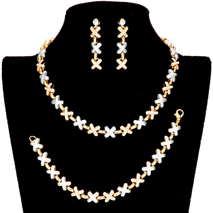 Two Tone Rhinestone Embellished Crisscross Link Necklace Jewelry Set, Beautifully crafted design adds a gorgeous glow to any outfit. Get ready Necklace with a bright Bracelet. Perfect for adding just the right amount of shimmer & shine and a touch of class to special events. Perfect Birthday Gift, Anniversary Gift, etc.
