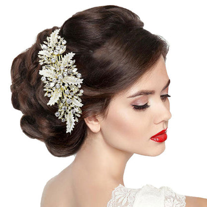 Two Tone Stone Embellished Leaf Cluster Hair Comb. Perfect for adding just the right amount of shimmer & shine, will add a touch of class, beauty and style to your wedding, prom, special events, embellished glass crystal to keep your hair sparkling all day & all night long.