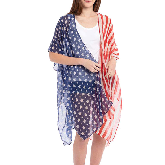 Red, White & Blue American Flag Vest Poncho Cardigan Kimono, Beach/Poolside chic is made easy with this lightweight cover-up, a relaxed silhouette, looks perfectly breezy & laid-back as you head to the enjoy the sun. An accessory easy to pair with so many tops, elevating any casual outfit! Perfect Gift for her! Patriotic