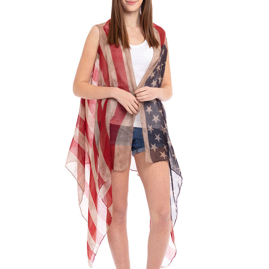 Red-White-Blue Vintage American Flag Vest Poncho Coverup Cardigan Kimono, Beach/Poolside chic is made easy with this lightweight cover-up, a relaxed silhouette, look perfectly breezy & laid-back as you head to the beach. An accessory easy to pair with so many tops, elevating any casual outfit! Perfect Gift! Summer, BBQ, Picnic, Holidays