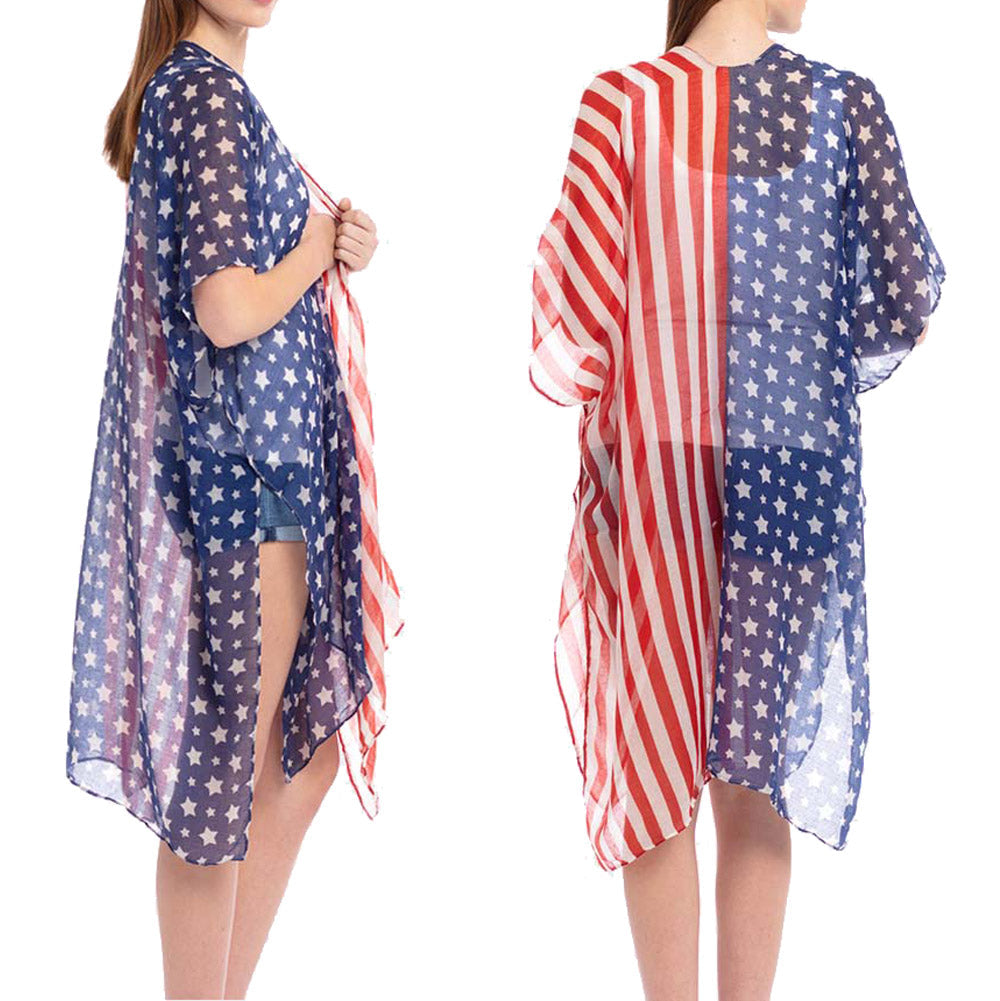 Red, White & Blue American Flag Vest Poncho Cardigan Kimono, Beach/Poolside chic is made easy with this lightweight cover-up, a relaxed silhouette, looks perfectly breezy & laid-back as you head to the enjoy the sun. An accessory easy to pair with so many tops, elevating any casual outfit! Perfect Gift for her! Patriotic