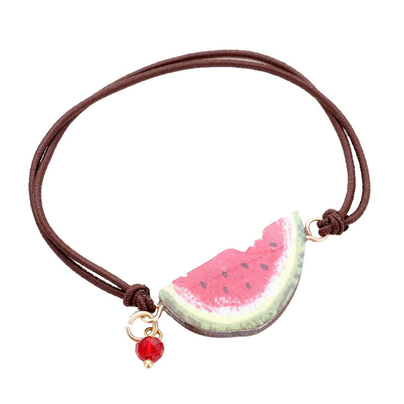 Watercolor Wood Watermelon Accented Stretch Bracelet Watermelon Bracelet, Accentuate your tropical vibes 24/7 with this breezy, beach-ready accessory, show off your chic style with these summery colors and fun icon charm. Color: Brown, Green, Red Theme: Fruits/Food, Wood;  Size: 1.25" X 0.7" , Watermelon Charm Bracelet