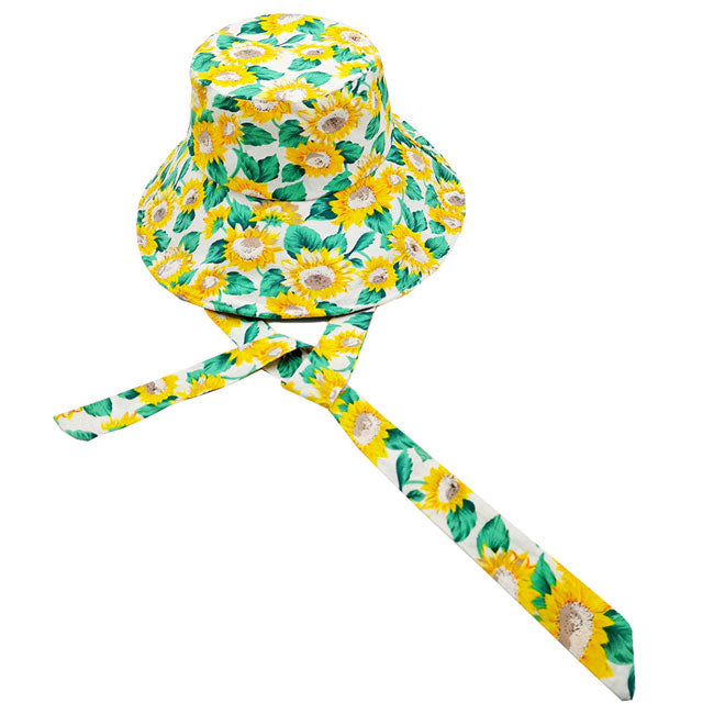 White Sunflower Patterned Chin Tie Bucket Hat, adds a great accent to your wardrobe, This elegant, timeless & classic Bucket Hat looks cool & fashionable. Perfect for that bad hair day, or simply casual everyday wear; Great gift for that fashionable on-trend friend. Perfect Gift Birthday, Holiday, Christmas, Anniversary, Valentine's Day.