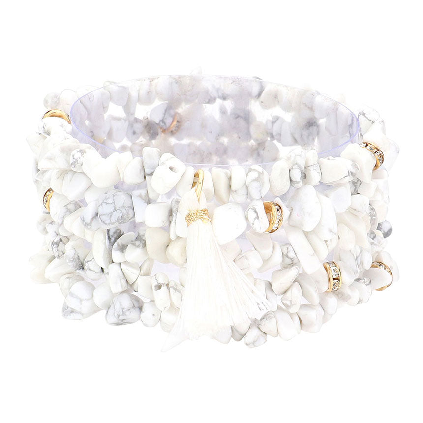 White 5PCS Natural Stone Tassel Multi Layered Bracelets, Add this 5 piece multi layered bracelet with tassel to light up any outfit, feel absolutely flawless. perfectly lightweight for all-day wear, coordinate with any ensemble from business casual to everyday wear, the perfect addition to every outfit. Adds a touch of nature-inspired beauty to your look. 