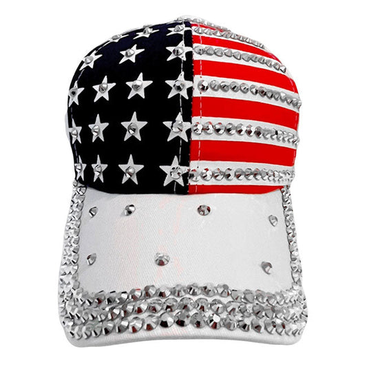 White American USA Flag Bling Studded Baseball Cap, Show your patriotic side with this cute patriotic  USA flag style American Flag Bling Studded baseball cap. Perfect to keep the sun out of your eyes, and to pull your hair back during exercises such as walking, running, biking, hiking, and more! Adjustable Velcro strap gives you the perfect fit.