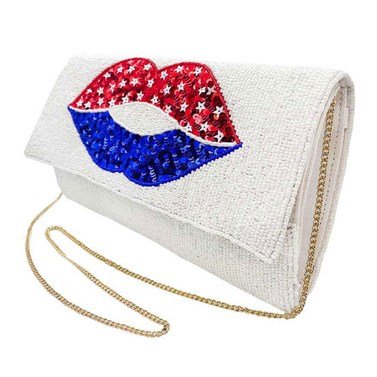 White American USA Flag Lips Seed Beaded Clutch Crossbody Bag. This high quality Crossbody Bag is both unique and stylish. perfect for money, credit cards, keys or coins and many more things, light and gorgeous. perfectly lightweight to carry around all day. Look like the ultimate fashionista carrying this trendy  Crossbody Bag!