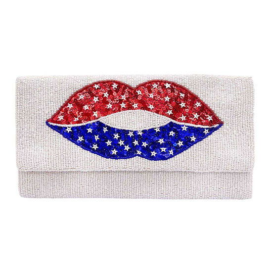White American USA Flag Lips Seed Beaded Clutch Crossbody Bag. This high quality Crossbody Bag is both unique and stylish. perfect for money, credit cards, keys or coins and many more things, light and gorgeous. perfectly lightweight to carry around all day. Look like the ultimate fashionista carrying this trendy  Crossbody Bag!