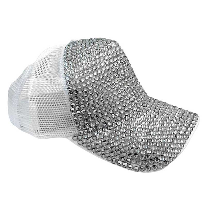 White Bling Studded Mesh Back Baseball Cap, Front panel studded and fashionable, back mesh fabric makes it breathable and comfortable. The perfect "Bling" hat to keep you stylish, comfortable and on-the-go gorgeous. Wearing this hat can also make your hair don’t cover your face and eyes, make you safe and more convenient in most outdoor activities. perfect for hiking, camping, and other sports. Ideal for summer, Also suit for hip hop dancing, rock and punk style.