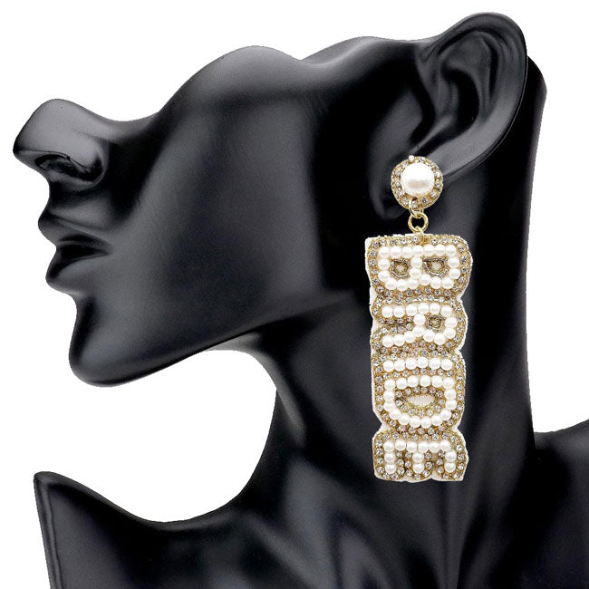White Bride Felt Back Pearl Rhinestone Message Dangle Earrings fun handcrafted jewellery that fits your lifestyle, adding a pop of pretty color, perfect for Bachelorette Party and Wedding shower. Enhance your attire with these vibrant artisanal earrings to show off your fun trendsetting style.