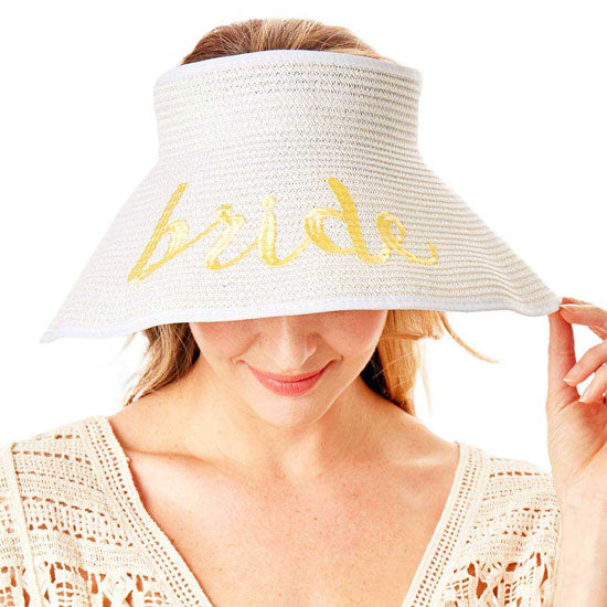 White Bride Message Roll Up Foldable Visor Sun Hat, This visor hat with Bride Message is Open top design offers great ventilation and heat dissipation. Features a roll-up function; incredibly convenient as it is foldable for easy storage or for taking on the go while traveling. This Summer sun  hat is perfect for walking along the beach,hanging by the pool, or any other outdoor activities.