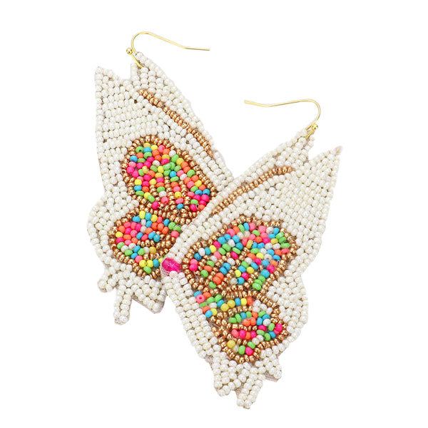 White Butterfly Wing Seed Beads Dangle Earrings, will take your look up a notch, versatile enough for wearing straight through the week, perfectly lightweight for all-day wear, coordinate with any ensemble from business casual to everyday wear, the perfect addition to every outfit. Adds a touch of nature-inspired butterfly themed  beauty to your look.Gift someone or yourself these ultra-chic earrings.