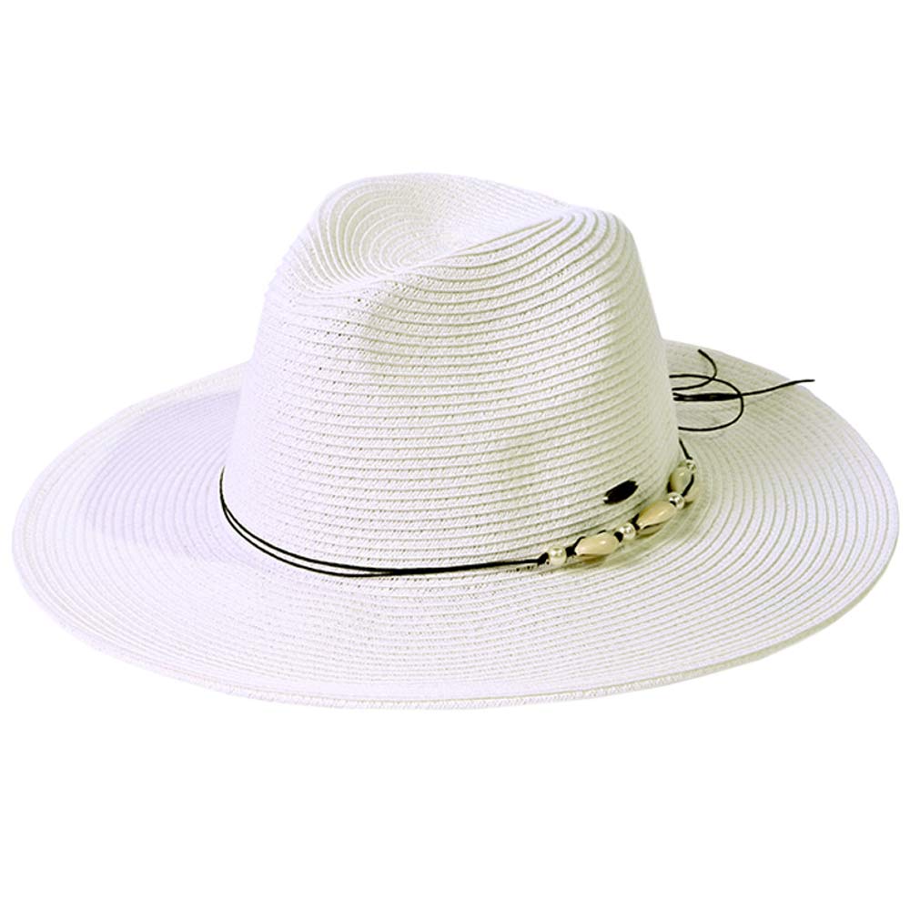 White C.C Shell And Pearl Trim Band Panama Sunhat, Keep your styles on even when you are relaxing at the pool or playing at the beach. Large, comfortable, and perfect for keeping the sun off of your face, neck, and shoulders. Perfect summer, beach accessory. Ideal for travelers who are on vacation or just spending some time in the great outdoors. A great sunhat can keep you cool and comfortable even when the sun is high in the sky. 