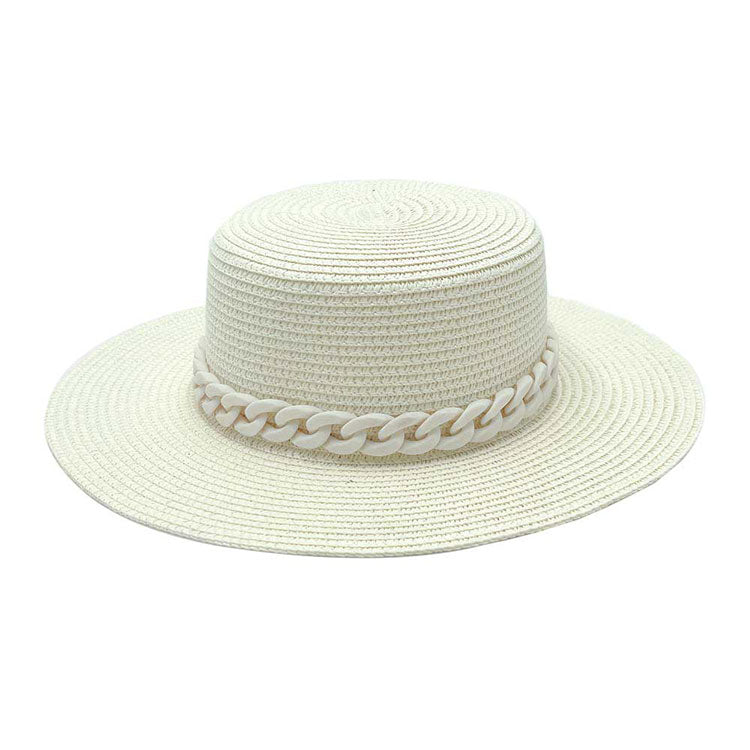 White Colored Chain Band Panama Sun Hat, adds a great accent to your wardrobe, Unique, timeless and classic. Panama Sun Hat looks cool and fashionable. Perfect for that bad hair day, or simply casual everyday wear; Makes a great gift for that fashionable on-trend friend of yours. Perfect for keeping the sun off of your face, neck, and shoulders.