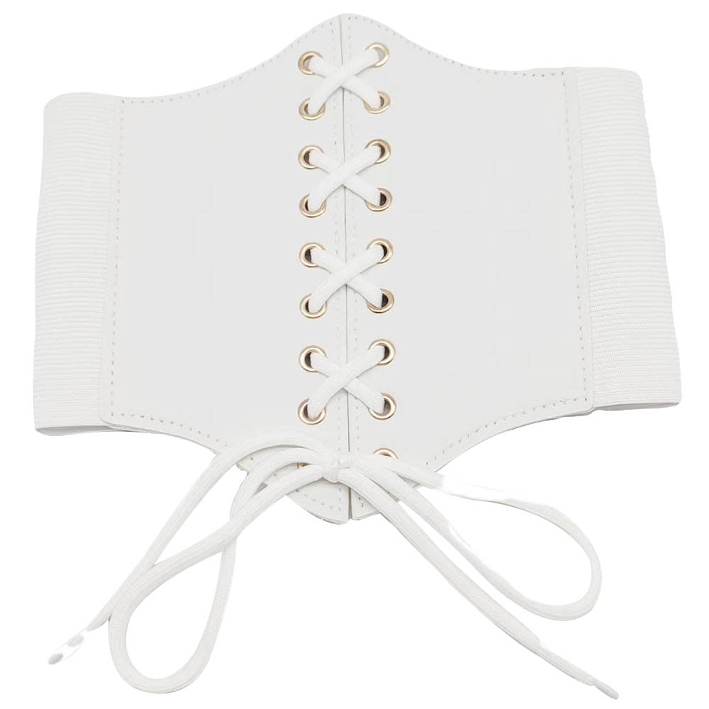 White Corset Stretch Belt, Easy and comfortable to wear or take off. Adjustable belt band fits waistline. Corset lacing style in the front, snap button closure to lock the belt with a high stretchy elastic band. High-quality material which makes it comfortable and durable. Classical & Elegant design, simple but stylish, all-match wide waist belt. Retro-designed belts, transform your clothing look in seconds.