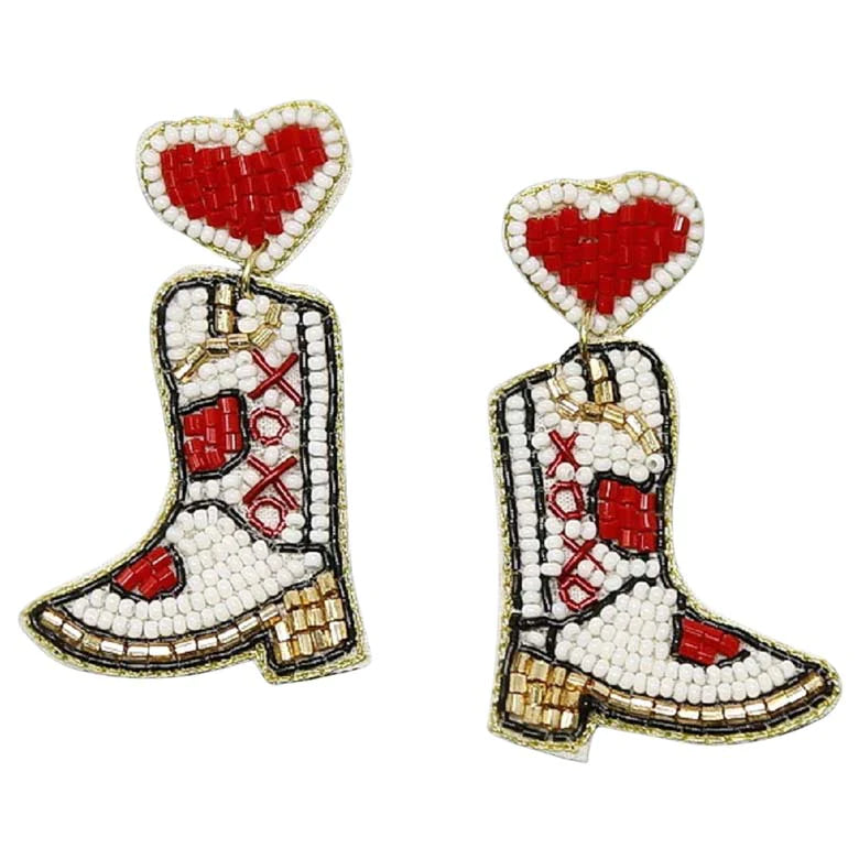 White Cowgirl Boots With Heart Seed Bead Earrings, These boots earrings feature a cool, decidedly chic, and always fun. The seed bead earrings combine feminine boots and cowgirl silhouette with a palette crafted entirely of seed beads. Fun handcrafted jewelry that fits your lifestyle adding a pop of pretty color. It is so comfortable to wear these lightweight cute earrings pair for every day of Valentine's week.