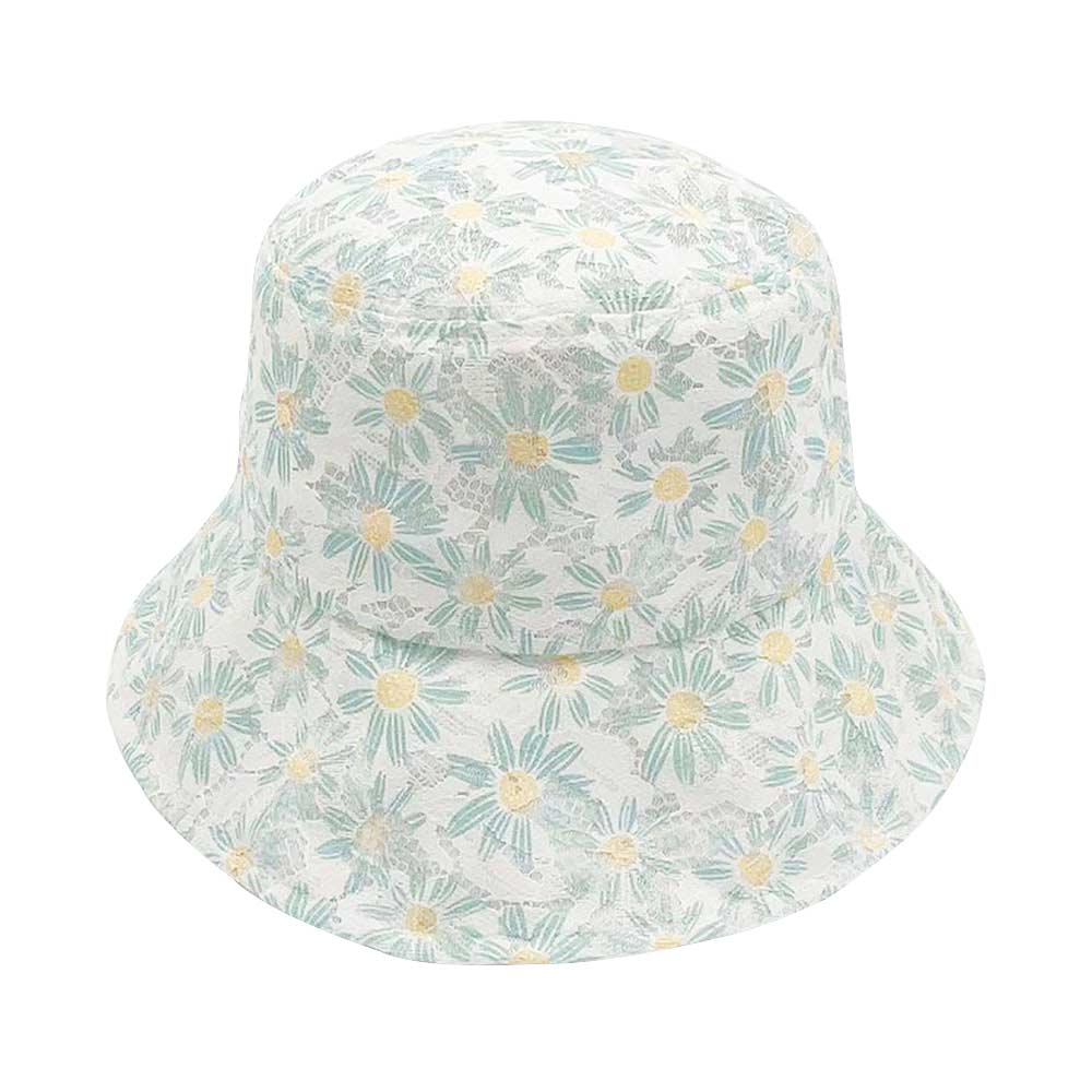 White Daisy Flower Print Lace Bucket Hat, Before running out the door under the sun, you’ll want to reach for this daisy flower print Lace bucket hat for comfort & beauty. Perfect for that bad hair day, or simply casual everyday wear. It's the perfect outfit in style while on a beach, on a tour, outing, or party.