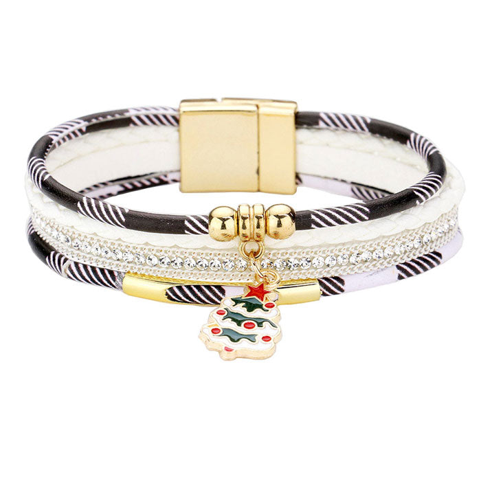 White Red Enamel Christmas Wreath Charm Faux Leather Magnetic Bracelet, Get ready with these bright Bracelet, put on a pop of color to complete your ensemble. Perfect for adding just the right amount of shimmer & shine and a touch of class to special events. Perfect Birthday Gift, Anniversary Gift, Mother's Day Gift, Graduation Gift.