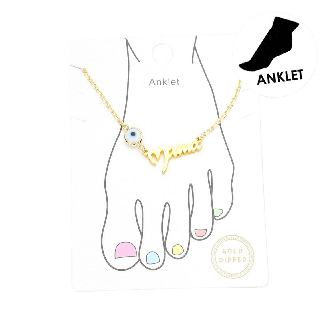 White Evil Eye Pointed Gold Dipped Mama Metal Message Charm Anklet. Add lots of fun to your ankles & show off a pretty pedi in this glam anklet. Anklet message adds a sweet finishing touch making it the ultimate accessory for bare legs and beach days. Pack it for your next getaway and pair it with sandals, heels and more. Perfect gift ideas for your friends, Birthday gift, Anniversary, Getaway, Vacation, just for fun.
