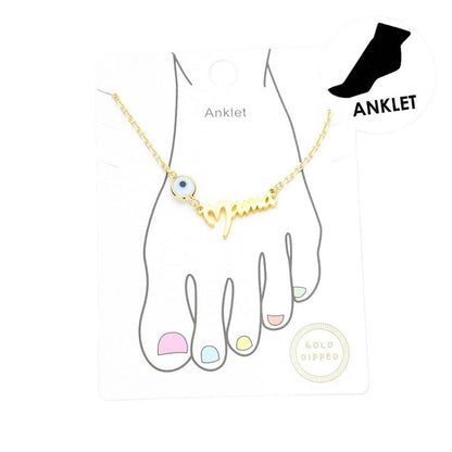 White Evil Eye Pointed Gold Dipped Mama Metal Message Charm Anklet. Add lots of fun to your ankles & show off a pretty pedi in this glam anklet. Anklet message adds a sweet finishing touch making it the ultimate accessory for bare legs and beach days. Pack it for your next getaway and pair it with sandals, heels and more. Perfect gift ideas for your friends, Birthday gift, Anniversary, Getaway, Vacation, just for fun.