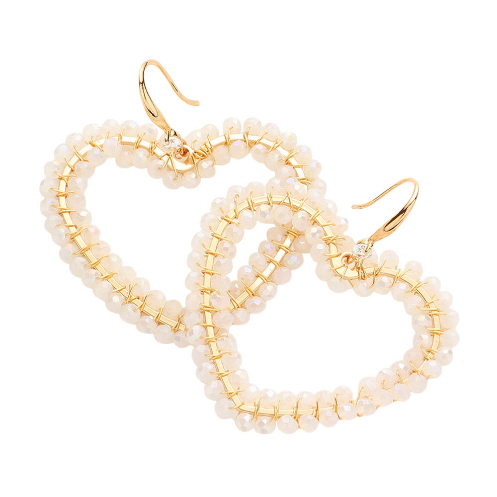 White Faceted Bead Wrapped Open Heart Dangle Earrings, take your love for statement accessorizing to a new level of affection with these bead heart earrings. Accent all of your dresses with the extra fun vibrant color with these heart-themed earrings.