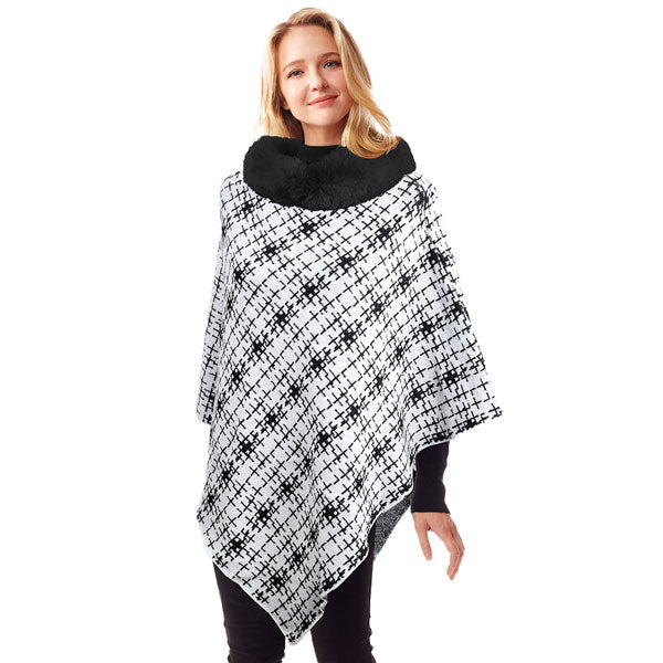 White Fall Winter Patterned Faux Fur Collar Poncho, the perfect accessory, luxurious, trendy, super soft chic capelet, keeps you warm and toasty. You can throw it on over so many pieces elevating any casual outfit! Perfect Gift for Wife, Mom, Birthday, Holiday, Christmas, Anniversary, Fun Night Out