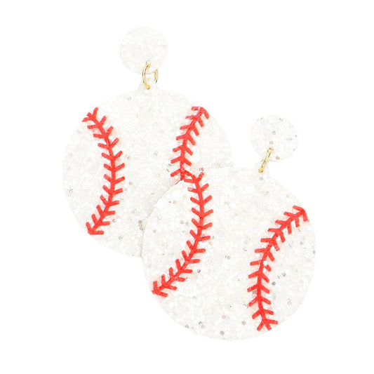 White Felt Back Baseball Sequin Dangle Earrings.  Gift someone or yourself these ultra-chic earrings, they will take your look up a notch, these sports themed earrings versatile enough for wearing straight through the week, coordinate with any ensemble from business casual to wear, the perfect addition to every outfit. Perfect jewelry gift to expand a woman's fashion wardrobe with a modern, on trend style.