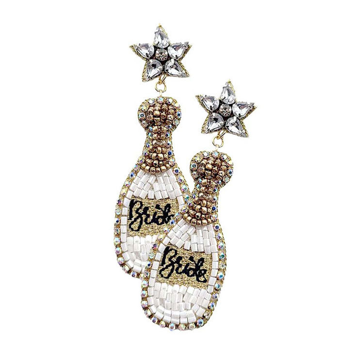 White Felt Back Bride Champagne Bottle Beaded Dangle Earrings, beaded handcrafted jewelry that fits your lifestyle, Dangle earring add extra special to your outfit! Enhance your attire with these beautiful artisanal wedding & bridal themed earrings to show off your fun trendsetting style. Lightweight and comfortable for wearing. Perfect for wearing to Christmas parties, or if you just want to be festive during the occasion.
