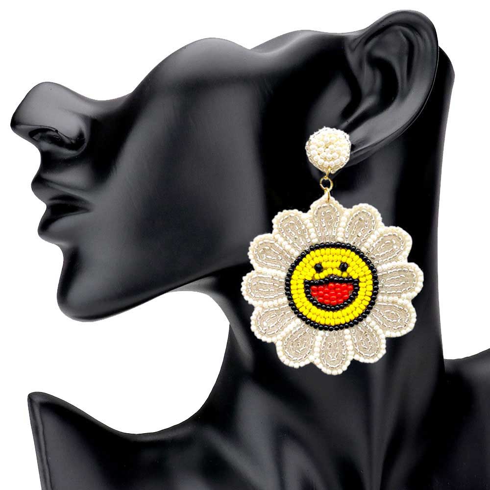 White  Felt Back Seed Beaded Smile Flower Dangle Earrings, Beaded Flower Smiley Face Earrings fun handcrafted jewelry that fits your lifestyle, adding a pop of pretty color. Enhance your attire with these vibrant artisanal earrings to show off your fun trendsetting style. Coordinate these earrings with any ensemble from business casual to everyday wear, ideal for parties, events, holidays.