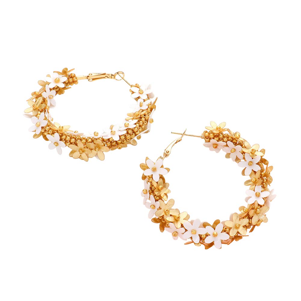 White Flower Cluster Hoop Earrings, There's no better summer accessory than the bright and beautiful colored cluster hoop earrings. These fun multicolored flower clusters are perfect for making a statement. Adding a feminine touch to any outfit with these intricately handmade dangle earrings.