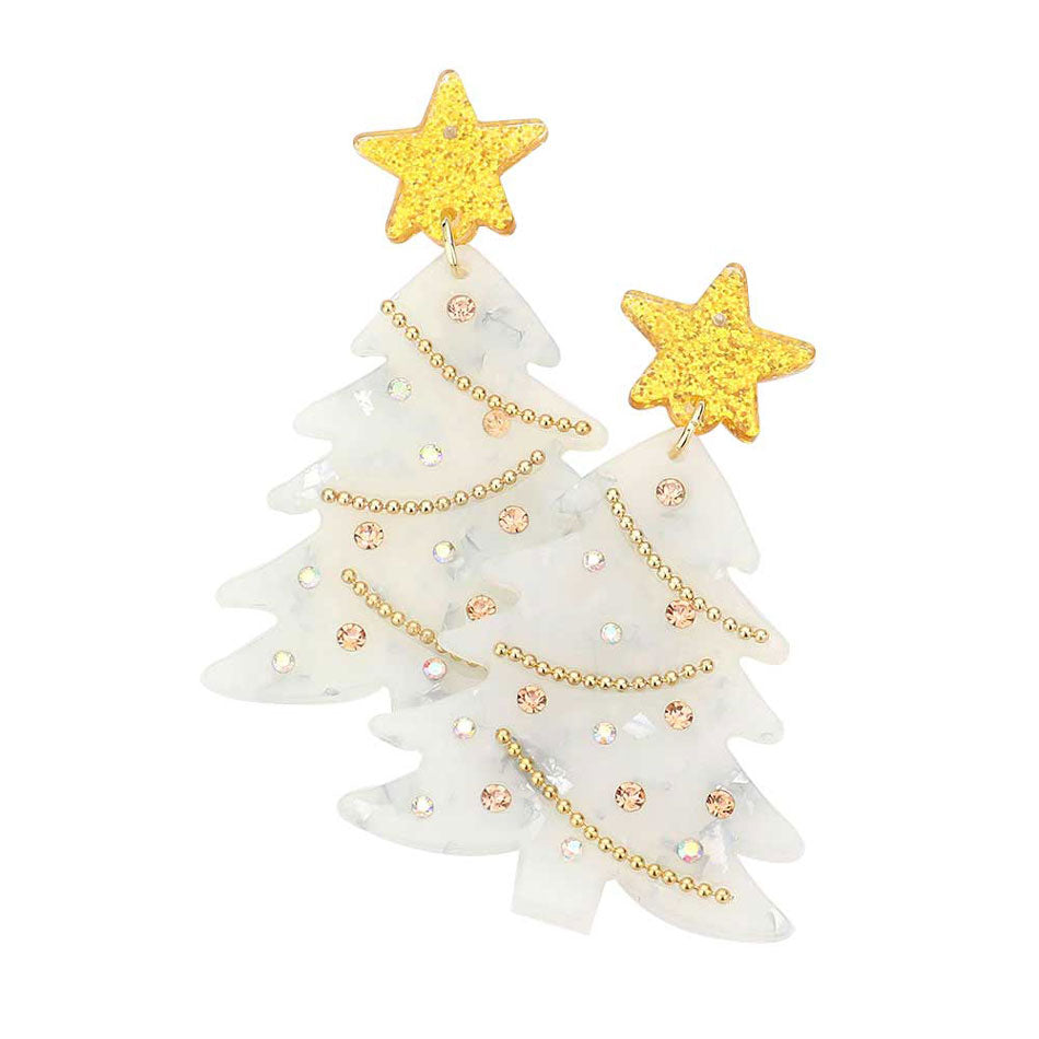 White Glittered Resin Star Christmas Tree Dangle Earrings. Celebrate the holidays properly sporting the Christmas Tree Dangle Earrings. They will dangle on your earlobes & bring a smile to those who look at you. Christmas Tree With Star Dangle Super Cute and Fashionable, lightweight and great for all-day wear! Gifts idea for Christmas, Thanksgiving, New Year, Anniversary Gift, Mother's Day Gift, Graduation Gift, Gift, Birthday and other special occasions.