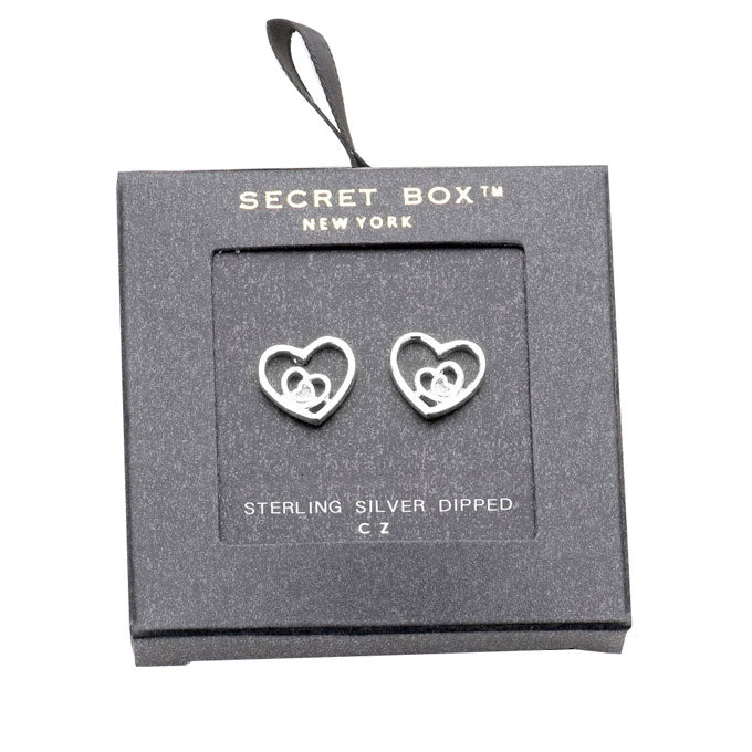  White Gold Secret Box Sterling Silver Dipped CZ Triple Metal Heart Stud Earrings. Beautifully crafted design adds a gorgeous glow to any outfit. Jewelry that fits your lifestyle! Perfect Birthday Gift, Anniversary Gift, Mother's Day Gift, Graduation Gift, Prom Jewelry, Just Because Gift, Thank you Gift, Valentine's Day Gift.