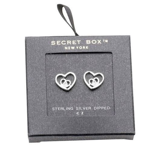  White Gold Secret Box Sterling Silver Dipped CZ Triple Metal Heart Stud Earrings. Beautifully crafted design adds a gorgeous glow to any outfit. Jewelry that fits your lifestyle! Perfect Birthday Gift, Anniversary Gift, Mother's Day Gift, Graduation Gift, Prom Jewelry, Just Because Gift, Thank you Gift, Valentine's Day Gift.