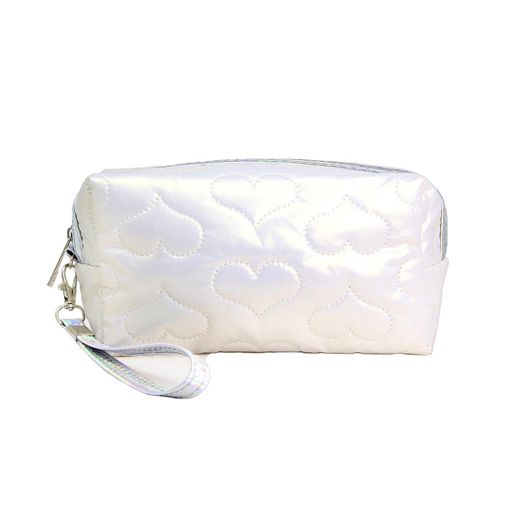 White Heart Patterned Shiny Puffer Pouch Bag, Small Colorful Heart Patterned Pouch Bag, perfect for money, credit cards, keys or coins, comes with a wristlet for easy carrying, light and simple. Put it in your bag and find it quickly with it's bright colors. Great for running small errands while keeping your hands free. 