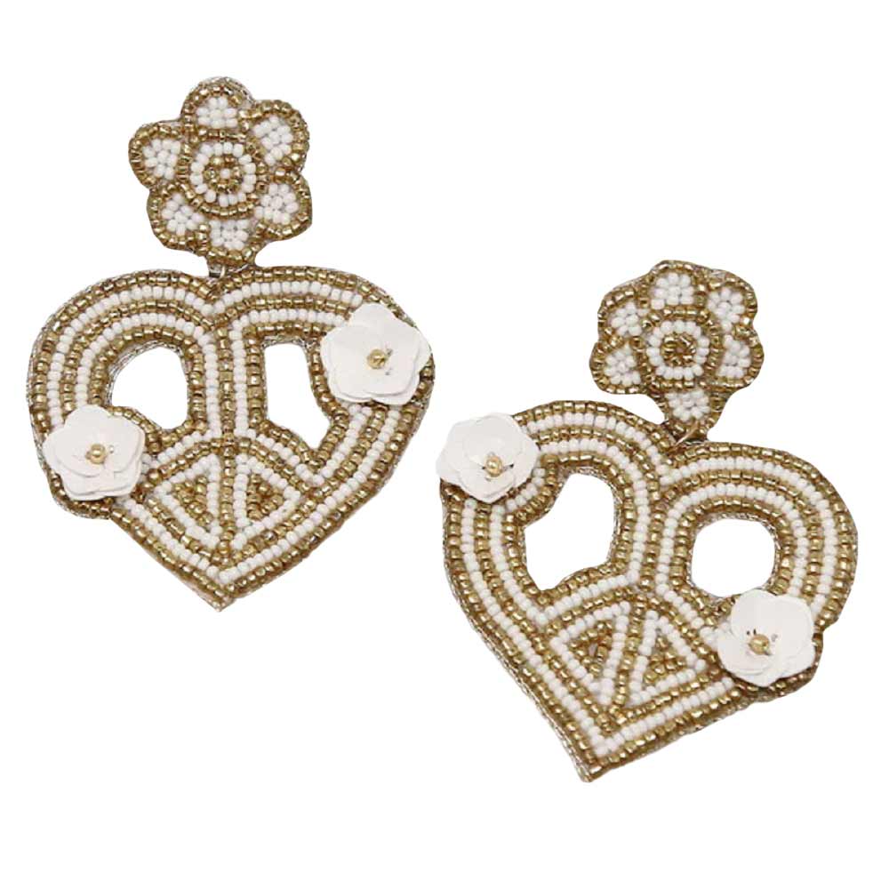 White Heart Shape Peace Sign Seed Bead Drop Earrings, Look like the ultimate fashionista with these heart drop Earrings! Add something special to your outfit this Valentine's! It is so fun to be able to have lightweight cute earrings for every day of Valentine's week. Wear these lovely earrings to make you stand out from the crowd & show your trendy choice this valentine.