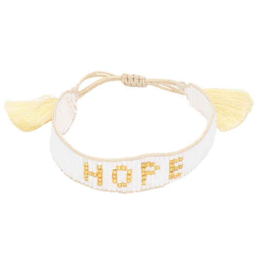 White Hope Message Beaded Tassel Cinch Bracelet. Get ready with this tassel cinch Bracelets, put on a pop of color to complete your ensemble. Perfect for adding just the right amount of shimmer & shine and a touch of class to special events. Perfect Birthday Gift, Anniversary Gift, Mother's Day Gift, Thank you Gift.