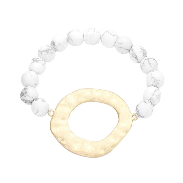 White Irregular Open Metal Charm Semi Precious Stone Beaded Stretch Bracelet; this stone bead charm bracelet can light up any outfit and make you feel absolutely flawless while adding a pop of color to your ensemble. Perfect Birthday Gift, Anniversary Gift, Mother's Day Gift, Thank you Gift, Loved One Gift, Just Because Gift