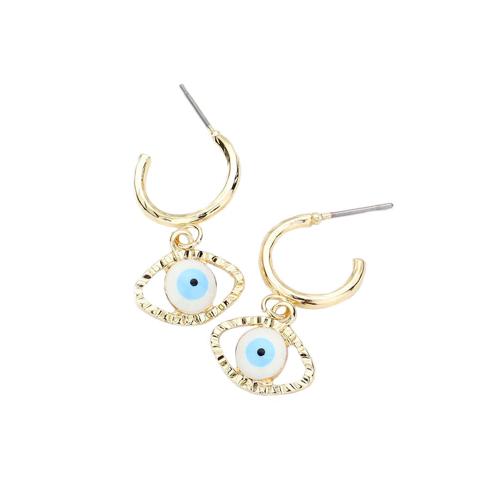 White Metal Half Hoop Evil Eye Dangle Earrings. Beautifully crafted design adds a gorgeous glow to any outfit. Jewelry that fits your lifestyle! Perfect Birthday Gift, Anniversary Gift, Mother's Day Gift, Anniversary Gift, Graduation Gift, Prom Jewelry, Just Because Gift, Thank you Gift.