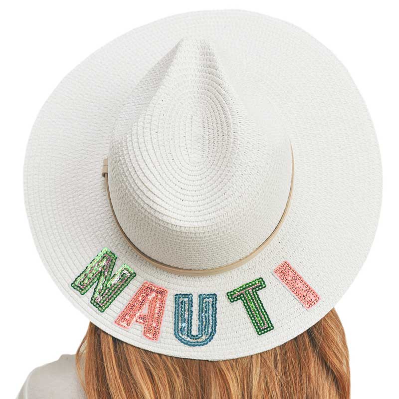 White Nauti Sequin Message Straw Panama Sun Hat, a beautiful & comfortable Straw Panama Sun Hat is suitable for summer wear to amp up your beauty & make you more comfortable everywhere. Perfect for keeping the sun off your face, and shoulders. It's an excellent gift item for your friends & family or loved ones this summer.