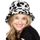 White One Size Leopard Patterned Faux Fur Bucket Hats, stay warm and cozy, protect yourself from the cold, this most recognizable look with remarkable bold, soft & chic bucket hat, features a rounded design with a short brim. The hat is foldable, great for daytime. Perfect Gift for cold weather!