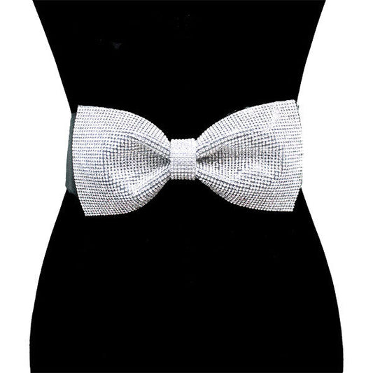 White Rhinestone Pave Crystal Embellished Bow Detail Elastic Stretch Belt, luminous crystals adds a luxurious shine to this eye-catching rhinestone belt, dare to dazzle with this radiant accessory, coordinates with any ensemble, ideal for Bride, Wedding, Prom, Sweet 16, Quinceanera, Graduation, Party, Cocktail. Perfect Gift.