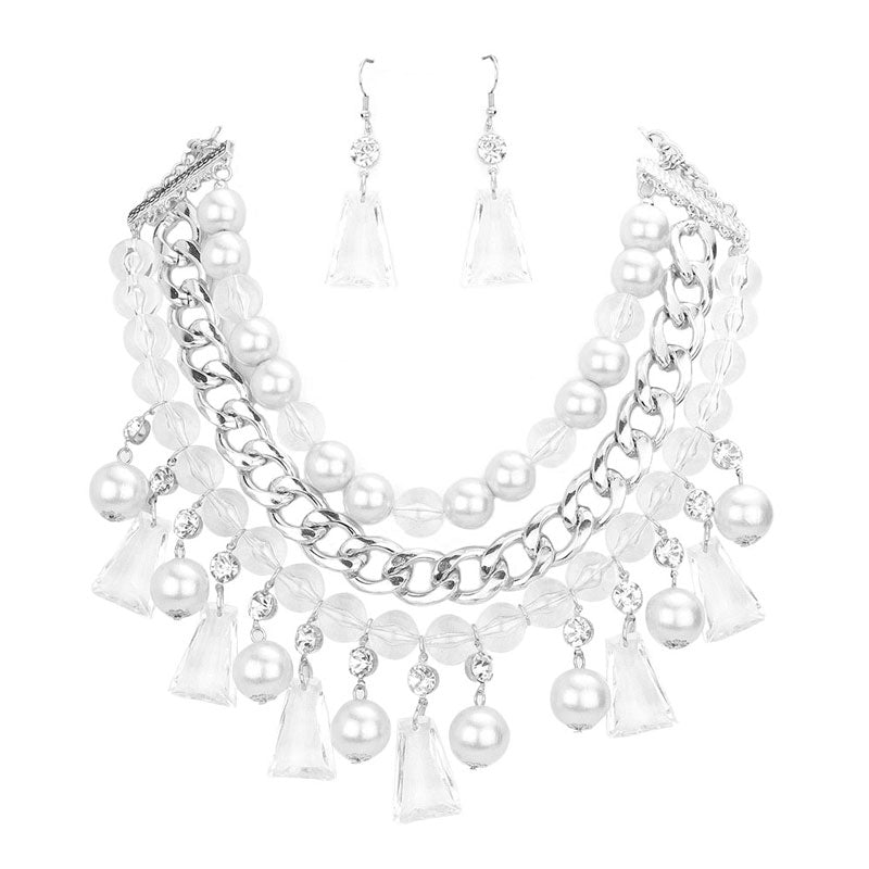 White Pearl Lucite Bead Statement Necklace. These gorgeous Pearl pieces will show your class in any special occasion. The elegance of these pearl goes unmatched, great for wearing at a party! Perfect jewelry to enhance your look. Awesome gift for birthday, Anniversary, Valentine‚Äôs Day or any special occasion.